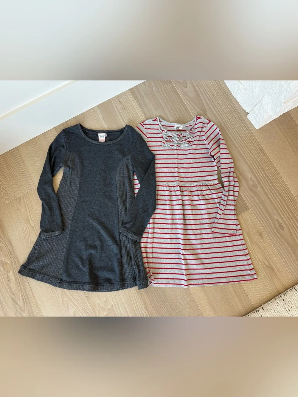 Mini Boden Charcoal Knit Long Sleeve Dress & Red-Striped Cotton Dress Set